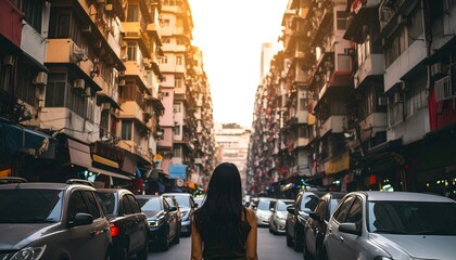 Obraz premium Woman walking down a narrow street lined with tall buildings and cars.
