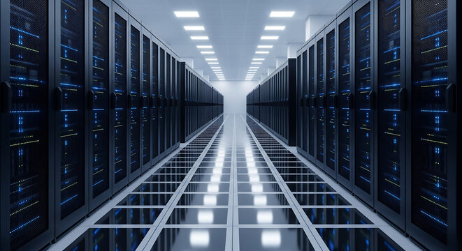 Data Center Server Room: Rows of Servers in a Modern Facility