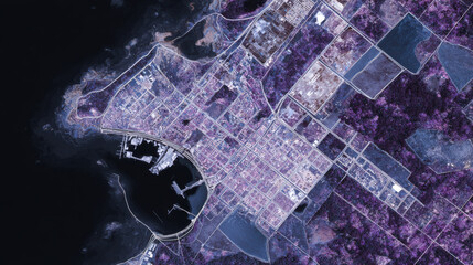 Urban satellite image showing coastal city layout with harbor, roads, and surrounding vegetation in purple hues