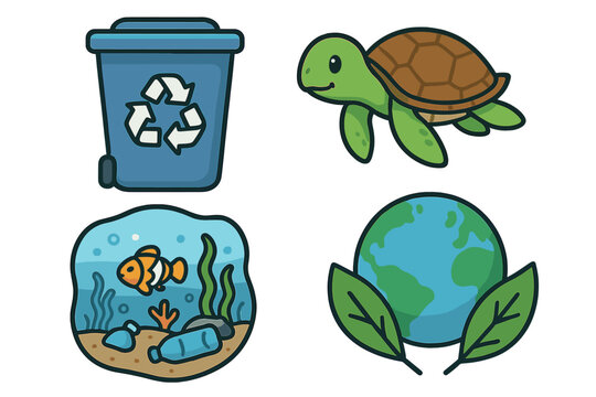 Marine conservation icon set. Ocean plastic pollution. Save the planet concept. Ecology and recycling. Earth day elements. Aquatic life protection. Sea turtle, fish, waste bin vector.