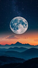 Scenic Mountain Range Silhouette with a Large Full Moon and Starry Night Sky