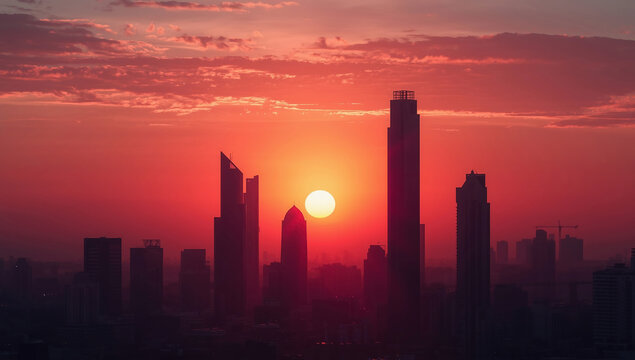 Dramatic Sunset Skyline: Silhouetted Modern Cityscape with Skyscrapers and Orange Sky in Urban Metropolis at Golden Hour