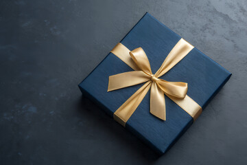 Gift Box: A beautiful present tied with a gold ribbon sitting on a dark background, evoking a sense of anticipation and celebration.