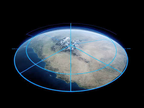 Futuristic digital map projection of mountainous coastal region with glowing blue grid lines and satellite overlay