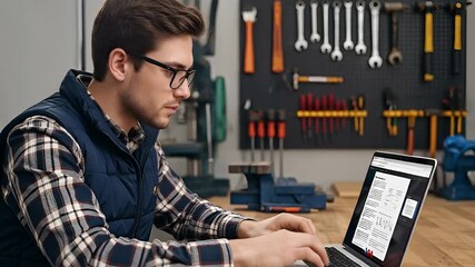 Man working on laptop in workshop, engineering plans review, modern workspace, home improvement