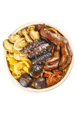 Chinese Braised Mixed Mushrooms with Sea Cucumber Traditional Asian Cuisine Dish on White Background