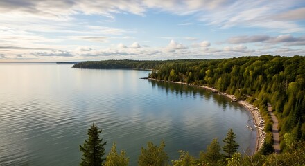 Obraz premium Scenic aerial view of a tranquil bay with lush green forests meeting the calm waters under a cloudy sky.