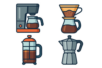 Coffee brewing methods vector icon set. Collection of coffee makers: drip machine, pour-over, French press, and Moka pot. Flat cartoon illustration for cafe menu.