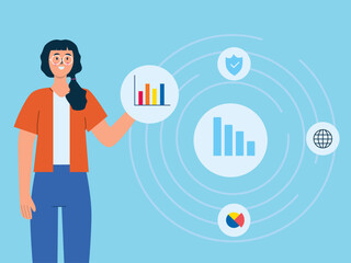 Woman with marketing investment graph marketing investment. Technology illustration. Flat vector illustration concept.