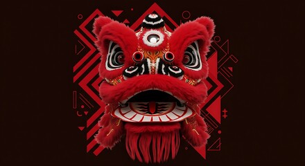 A bold,graphic art piece with a lion dance head roaring in the center surrounded by bold geometric patterns and a limited color palette of red and black.
