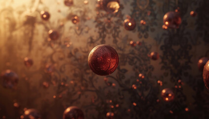 3D Abstract Spheres: Metallic Copper Reflections with Vibrant Textures and Elegant Bokeh in Modern Digital Art Design