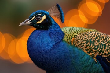 Fototapeta premium A vibrant peacock with iridescent blue and green feathers poses against a blurred background of warm orange lights