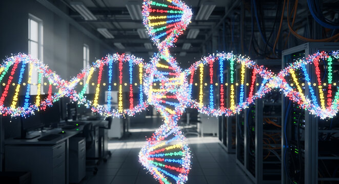 DNA Data: Intertwined Strands in Server Room - Powered by Adobe