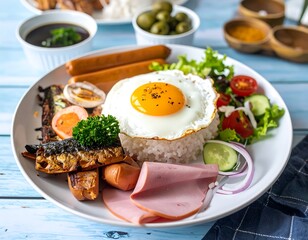 Colorful plate of rice, eggs, and various meats and vegetables