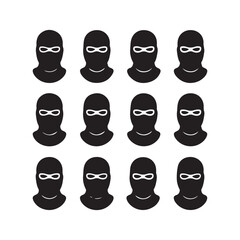 Collection of black balaclava masks vector isolated on white background.