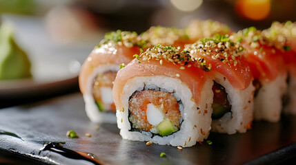 A beautifully arranged plate of sushi rolls, topped with fresh salmon and sprinkled with sesame seeds, showcasing culinary artistry.