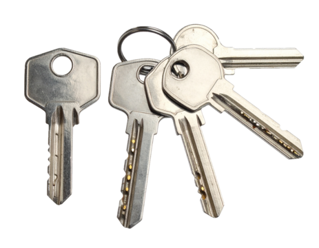 Old Metal Keys on Keyring Isolated on White Background