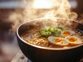 A steaming bowl of ramen topped with soft-boiled eggs and fresh green onions, inviting and flavorful.