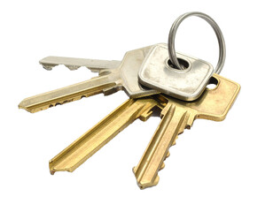 Old Metal Keys on Keyring Isolated on White Background