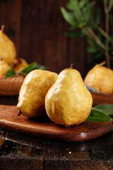 Fresh Organic Pears on Wooden Board - Healthy Fruit Kitchen Still Life