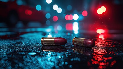 Bullets Ammo Gun Firearm Rounds, Wet Asphalt, Police Lights, Crime Scene Symbolism