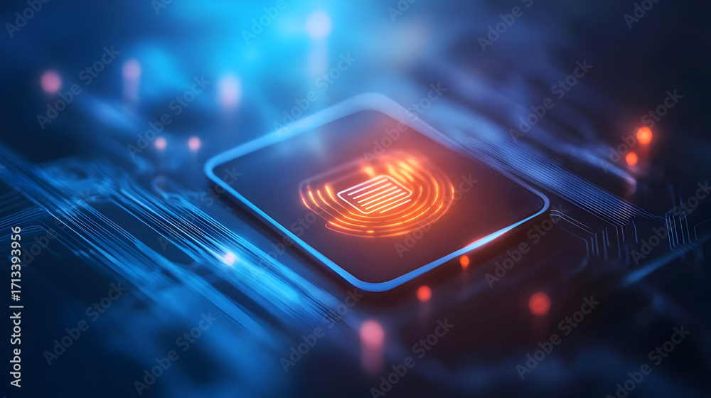 Wall mural close-up of a secure digital chip with vibrant circuits, representing innovation and modern security