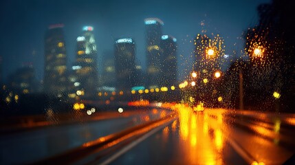 City lights blur through a rain-soaked window at night, creating a dreamy, urban atmosphere with glowing reflections on the street
