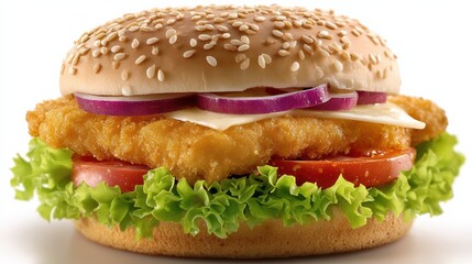 Crispy fish sandwich with lettuce, tomato, cheese, red onion, and a sesame seed bun, fresh and appetizing