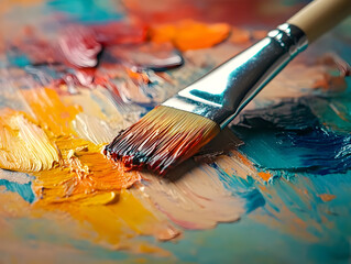 Fototapeta premium A close-up view of a paintbrush blending vibrant colors on a canvas, showcasing the beauty of artistic expression and creativity.