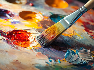 Fototapeta premium A close-up of a paintbrush mixing vibrant colors on a palette, showcasing the art of painting and creativity.