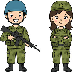 Cartoon soldier illustration, military characters, camouflage uniform, friendly army pose, vector art, kids education, defense theme, stock image