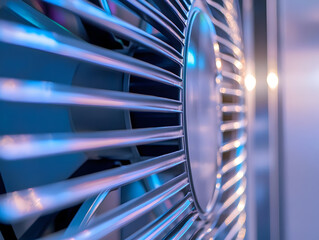 A close-up view of a modern fan showcasing its sleek metal blades and vibrant blue lighting, highlighting innovative design and functionality.