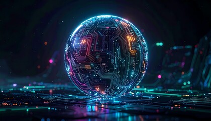 Fototapeta premium A glowing futuristic sphere with intricate circuit patterns reflecting on a dark, neon-lit digital landscape, symbolizing advanced technology and data processing.