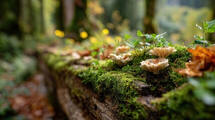 Fallen Old Rotten Tree with Moss and Mushrooms. Nature's Cycle of Decay and Regrowth in a Forest Setting.