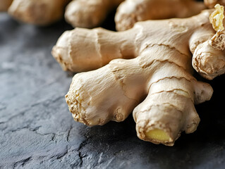 Fototapeta premium Fresh ginger root on a dark stone background, highlighting its unique texture and health benefits for culinary uses.