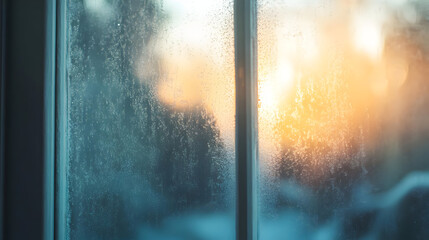 A beautifully frosted windowpane captures the warmth of a glowing sunset, creating an intimate and serene atmosphere.