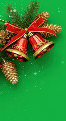 Red Christmas Bells and Gold Pine Cones with Fir Branches on Vibrant Green Background, Holiday Corner Border, Isolated Decorations, Copy Space