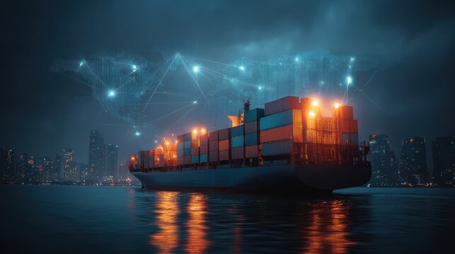 A large cargo ship with illuminated containers sails at night, with a glowing digital world map and city skyline in the background