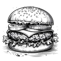 Detailed black and white illustration of a hamburger