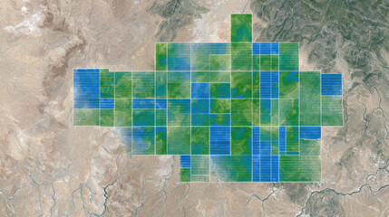 Solar farm with blue panels in desert landscape seen from satellite view showing green and brown terrain with grid layout