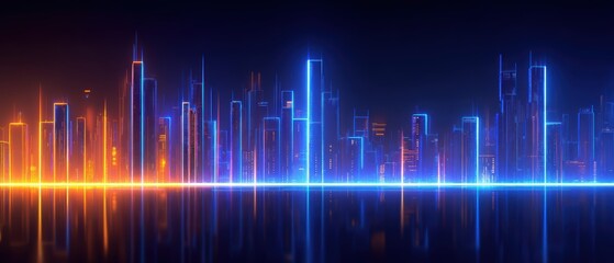 A vibrant, futuristic city skyline glows with neon blue and orange lights, reflected on a sleek surface under a dark night sky