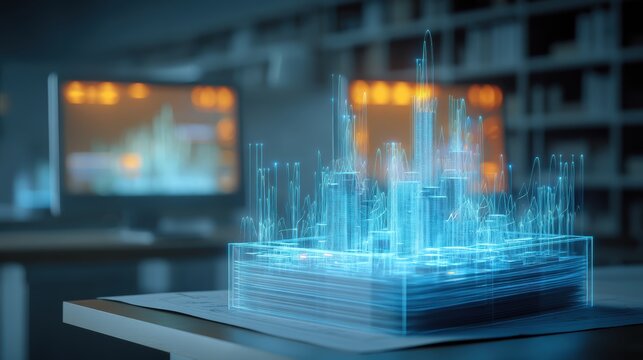 A glowing holographic city model is displayed on a desk in a modern office, with computer screens blurred in the background