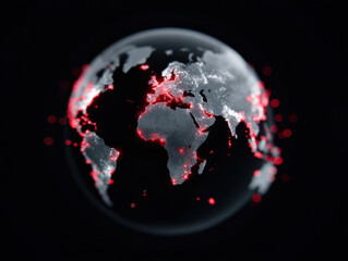 Global digital network vulnerability zones highlighted with red dots dark globe showing Europe, Africa, and Asia futuristic