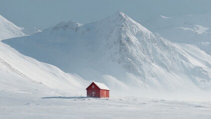 A solitary, vibrant red cabin sits on a snow-covered plain, dwarfed by majestic, snow-capped mountains under a clear, bright sky. The scene evokes serenity and isolation