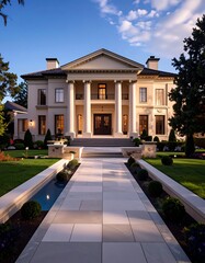 Grand, light-filled mansion with classic columns and a paved walkway