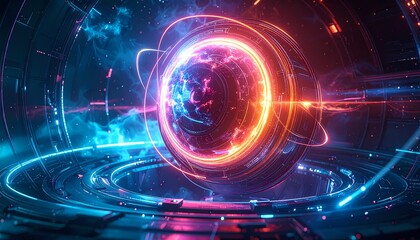 Vibrant abstract digital sphere with orbiting rings and glowing particles in a futuristic high-tech environment.