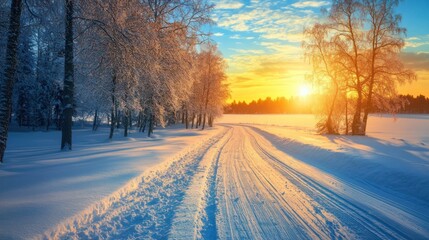 Obraz premium Snowy Road at Sunset Winter Landscape Scenic View