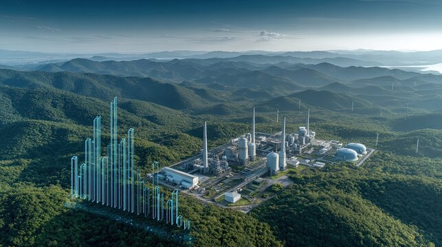 Aerial view of a modern industrial facility amidst lush mountains, featuring advanced technology and green surroundings.