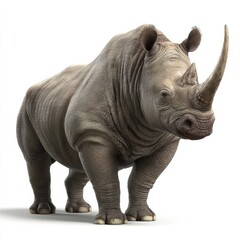 Obraz premium A large rhinoceros stands facing forward, displaying its thick skin and prominent horn against a white background