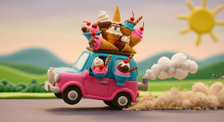 Obraz premium A pink and blue cartoon car, overloaded with ice cream cones topped with cherries, drives along a road with a sunny background, leaving a trail of dust.